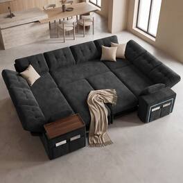 Dyonery - 112" Modular Sofa Set, U-Shaped 8-Seater Sofa Bed / With Height-Adjustable Storage Chaise Armrests / USB/LED Light. - Black