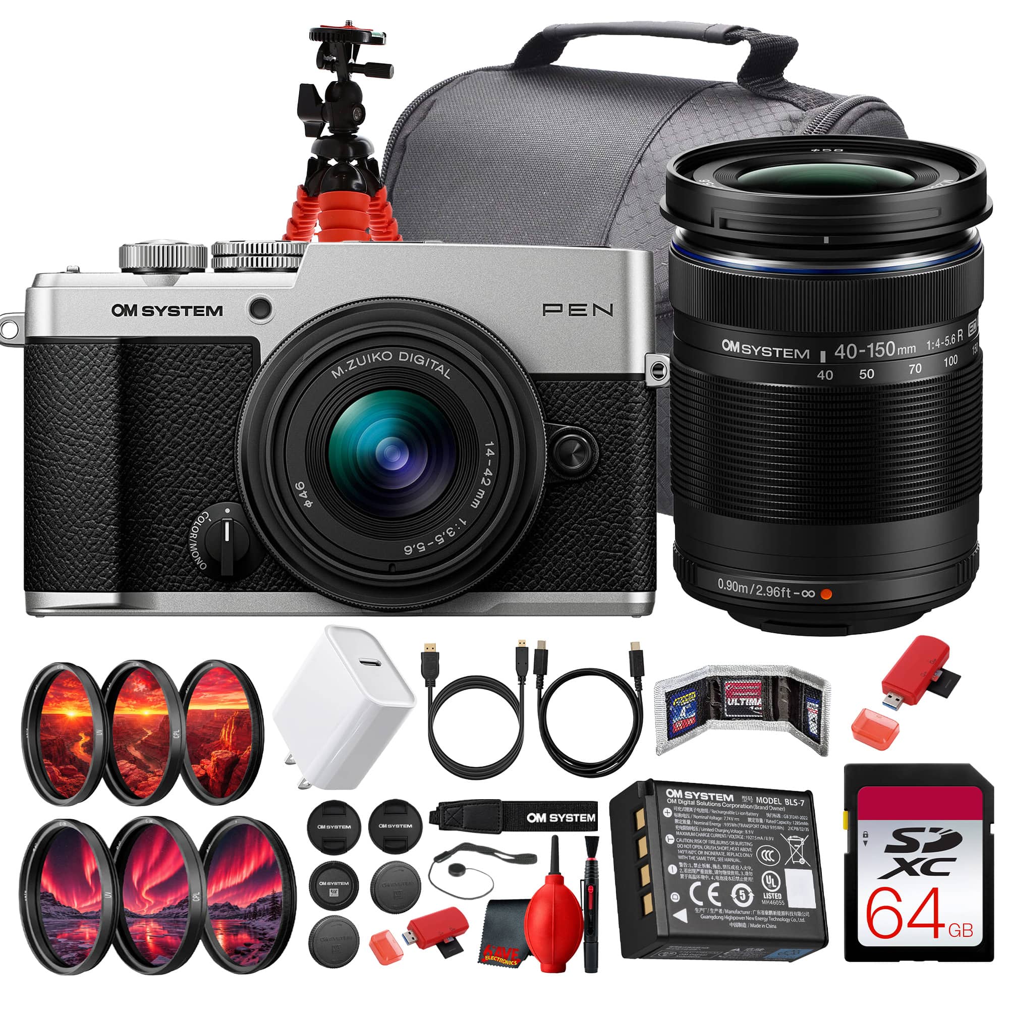 OM System - PEN Mirrorless Camera 14-42mm 40-150mm Lens Kit Bundle - Silver