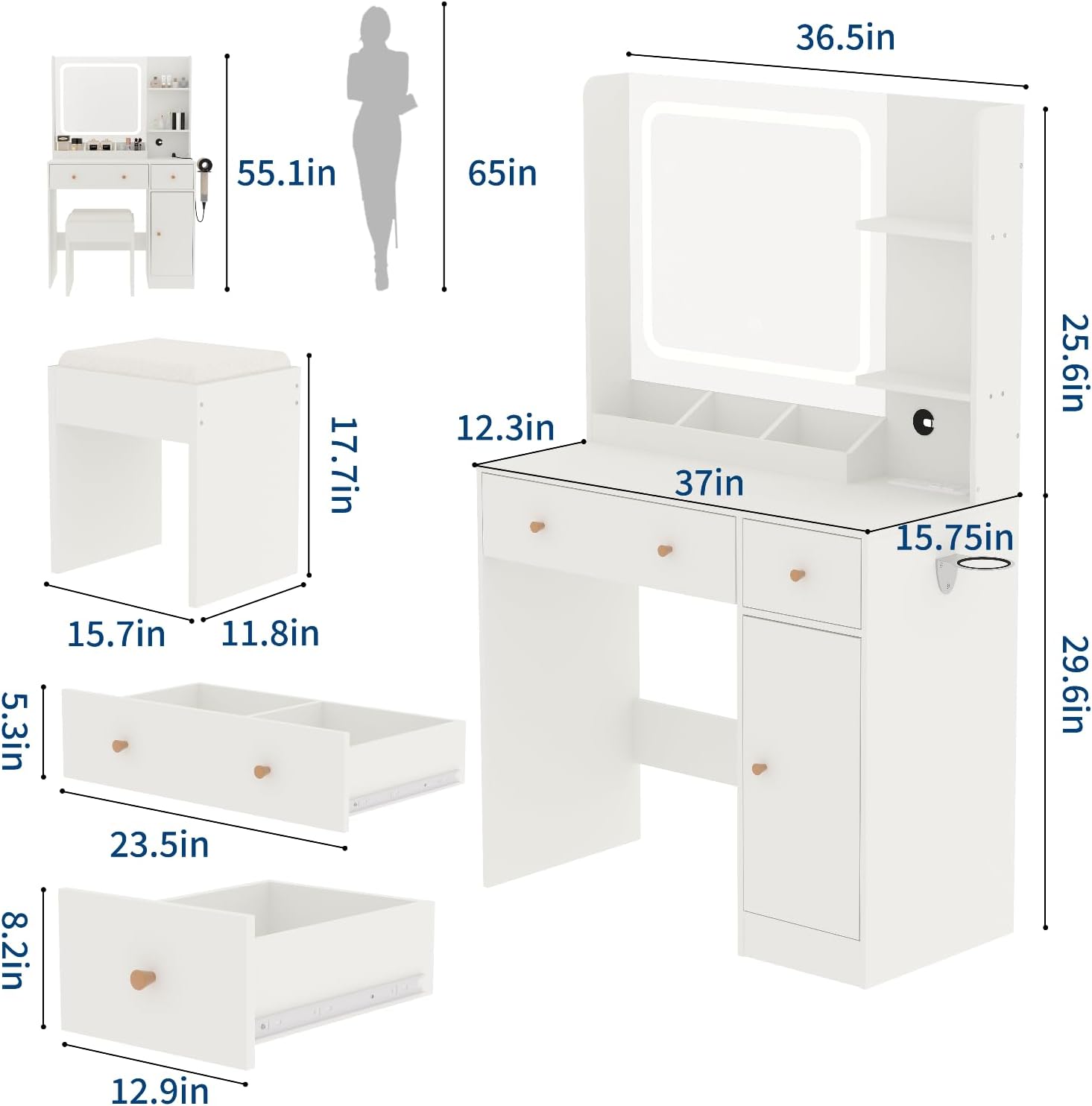 - 36.5in
- 55.1in
- 65in
- 17.7in
- 12.3in
- 37in
- 15.75in
- 25.6in
- 5.3in
- 15.7in
- 11.8in
- 29.6in
- 23.5in
- 8.2in
- 12.9in