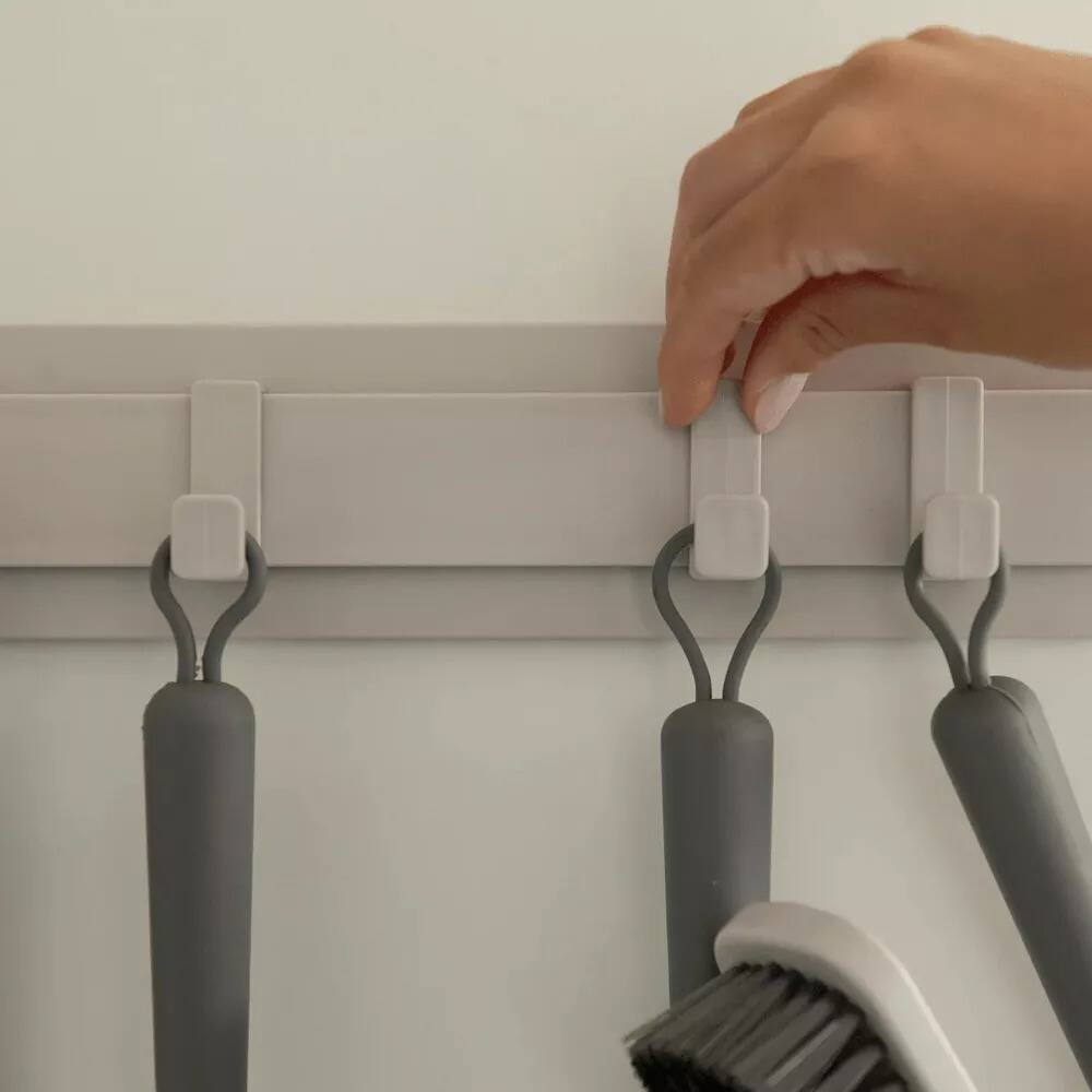 Left. OU - Wall Mounted Hook Rack, Multipurpose Self Adhesive Rack with 4 Sliding Hooks Space-Saving Laundry & Kitchen Organization - Beige.