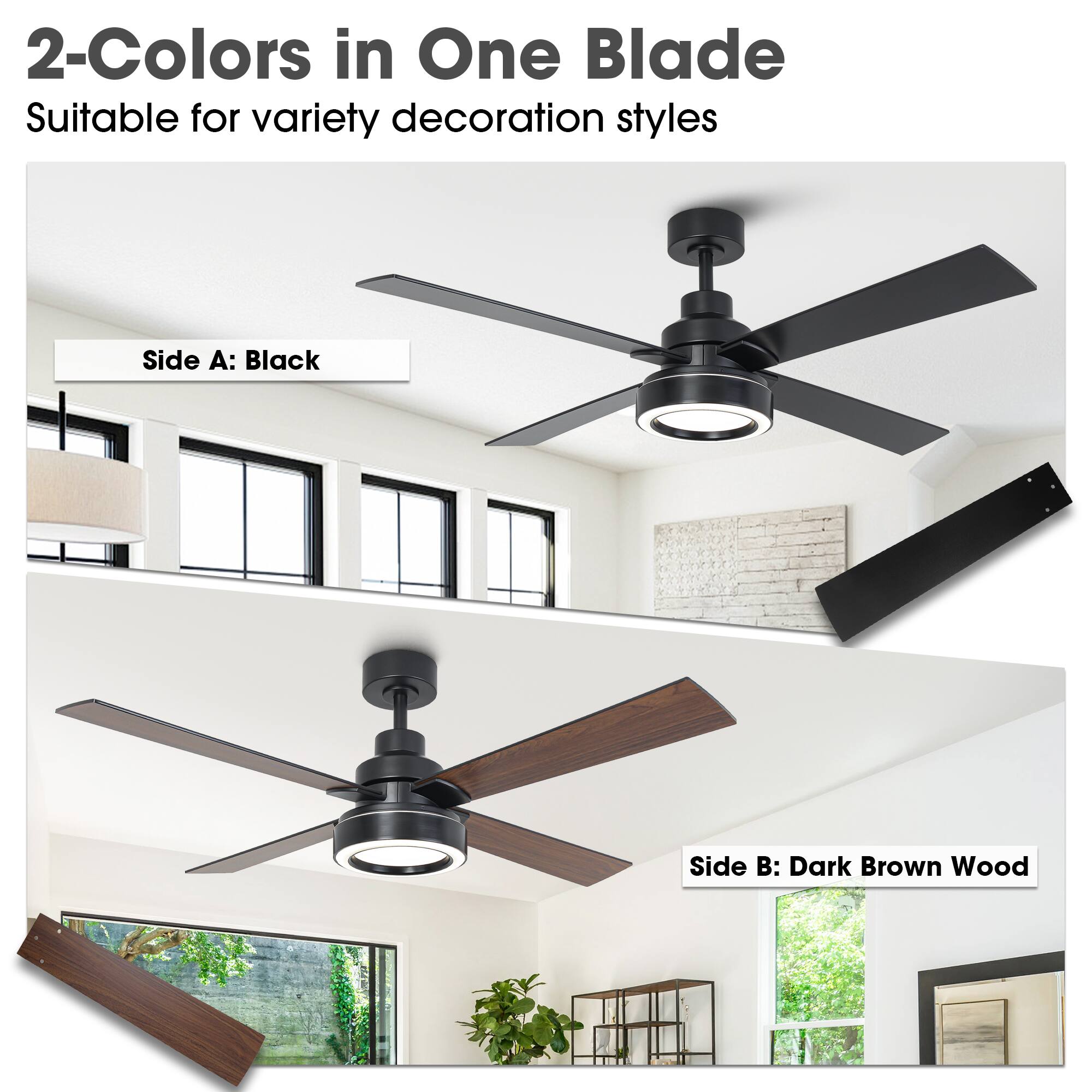 2-Colors in One Blade  
Suitable for variety decoration styles  

Side A: Black  
Side B: Dark Brown Wood
