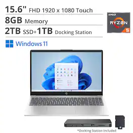 HP - 15.6" FHD Touch Laptop,AMD Ryzen 5 7520U,Intel UHD Graphics,8GB RAM,2TB SSD+1TB Docking Station,Win 11 Home - Silver