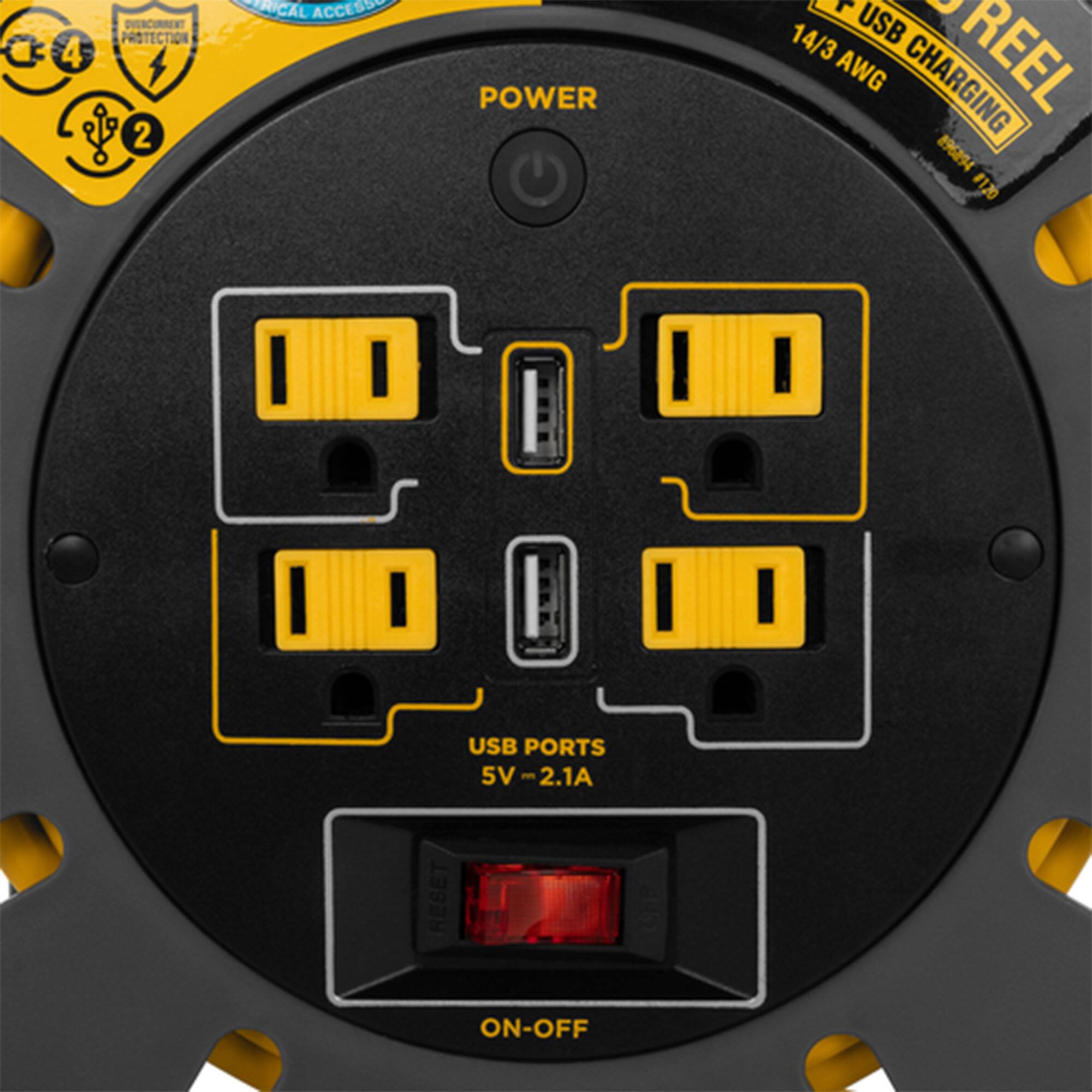 4 CURRENT PROTECTION 2 RICAL ACCESS POWER  
14/3 USB AWG CHARGING REEL  
96894#120  
896894  
GELO USB PORTS 5V - 2.1A  
RESET ON-OFF