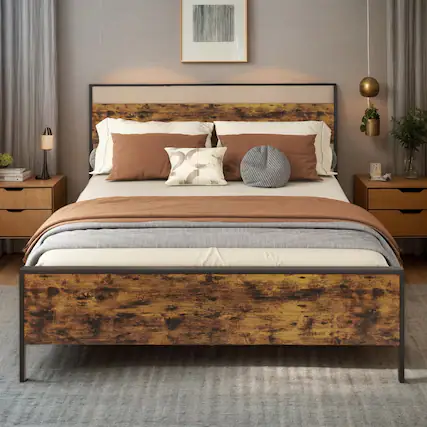 Front. Kadyn - Platform Bed Frame, Bedroom Bed Frame,Queen Metal Bed Frame Industrial Platform Bed with Wooden Headboard-Queen Size - Brown.