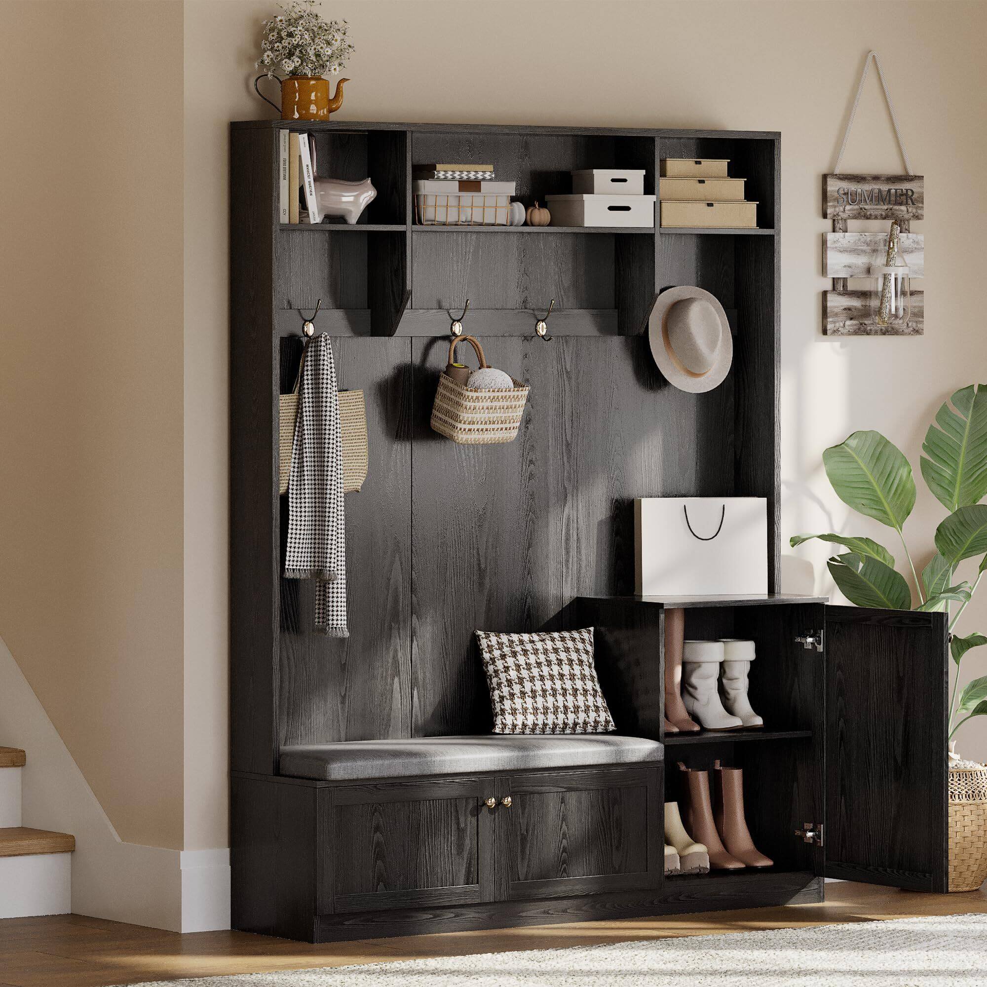 Front. Acekool - Hall Tree with Bench and Shoe Storage, 3-in-1 Farmhouse Entryway Bench with Coat Rack, 4 Hooks - Black.