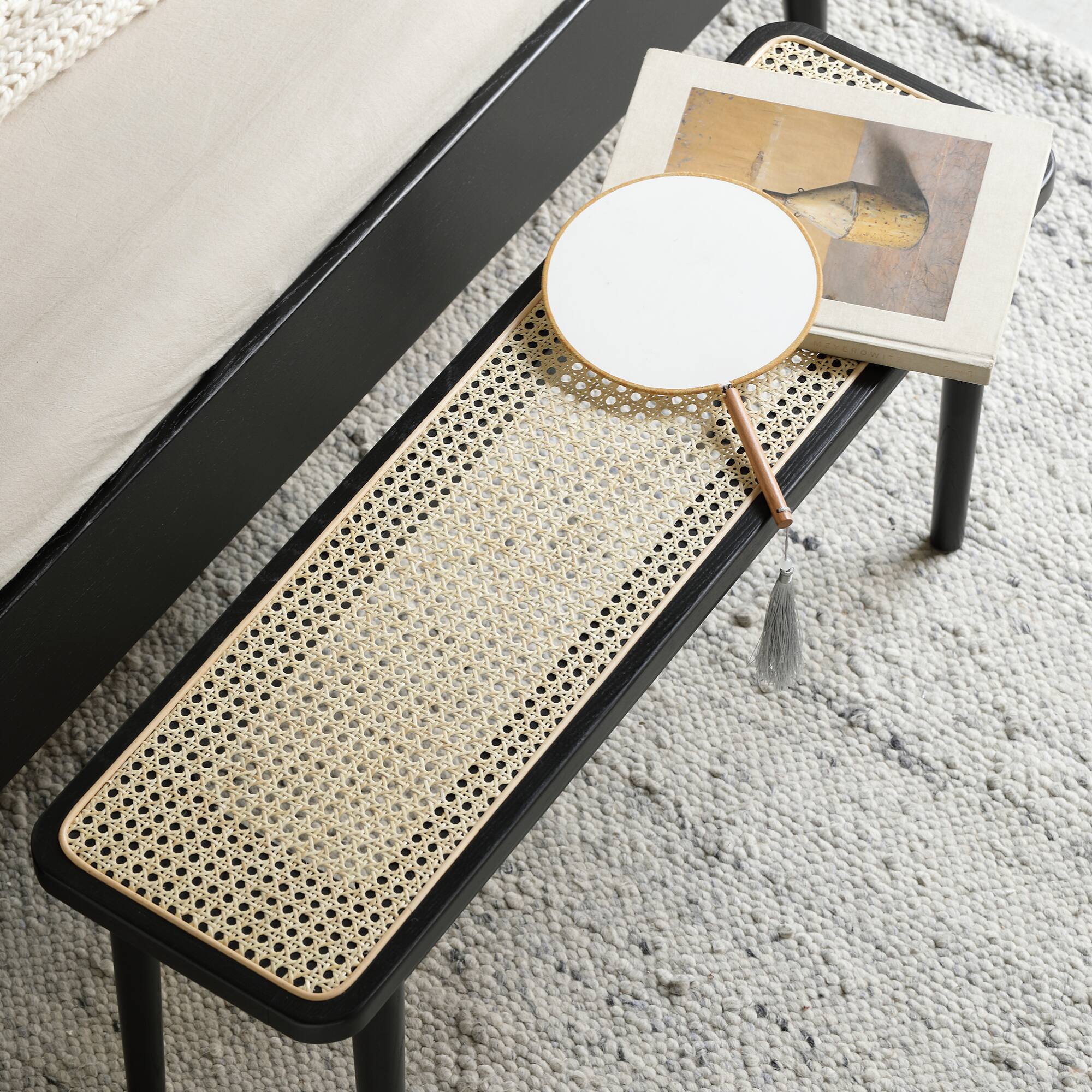 Alt View 4. GOODSILO - Solid Oak Wood Dining Bench with Rattan Detail - Versatile Modern Bench for Entryway, Bedroom, and Living Room - Black.