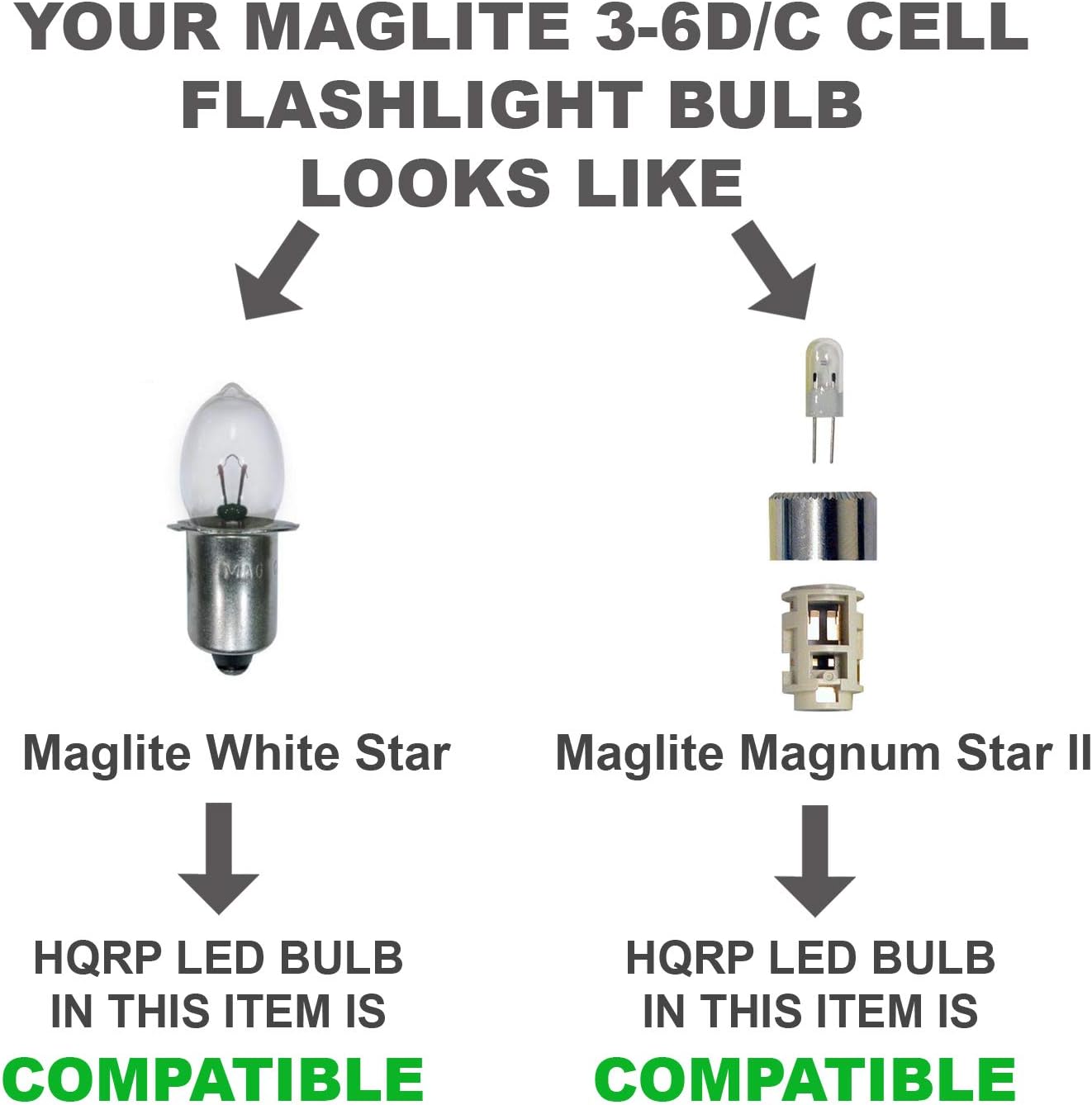 YOUR MAGLITE 3-6D/C CELL FLASHLIGHT BULB LOOKS LIKE

- Maglite White Star
- Maglite Magnum Star II

HQRP LED BULB IN THIS ITEM IS COMPATIBLE