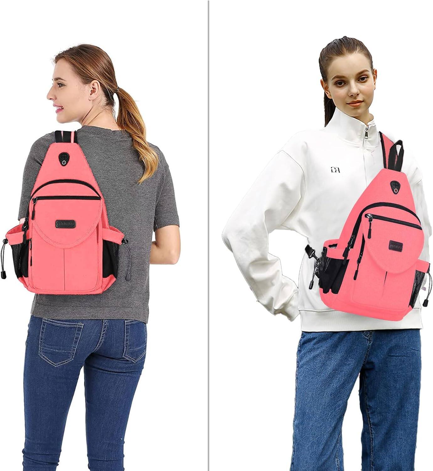 Alt View 3. mosiso - Sling Backpack Canvas Crossbody Hiking Daypack Bag with Anti-theft Pocket - Cherry Pink.