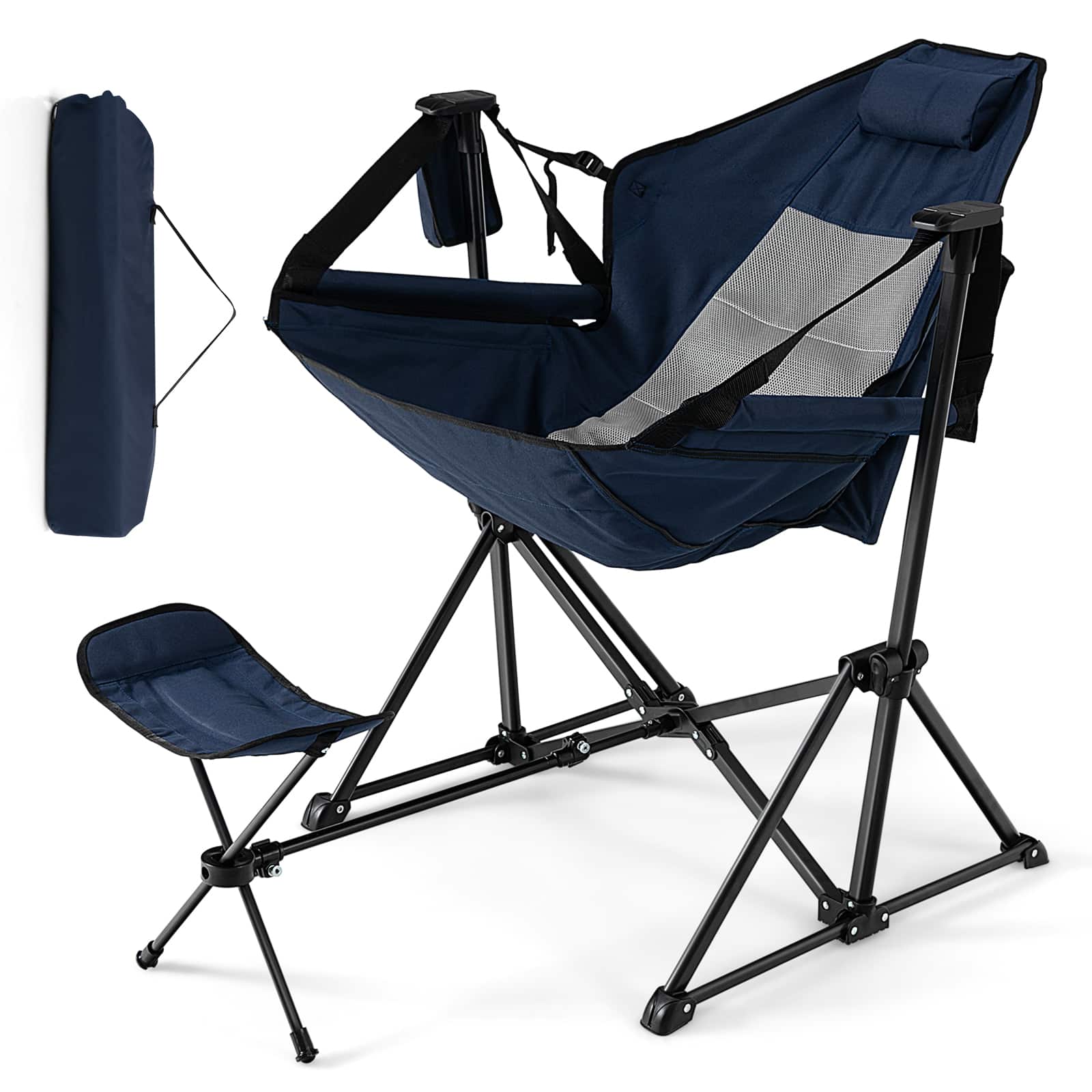 Costway - Hammock Camping Chair with Retractable Footrest & Carrying Bag for Camping Picnic - Navy