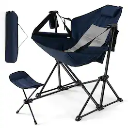 Costway - Hammock Camping Chair with Retractable Footrest & Carrying Bag for Camping Picnic - Navy