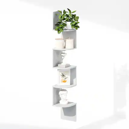Front. Songmics Home - Furinno 5-Tier Floating Corner Shelf – Wall Mount Shelves for Storage and Display in White - White.