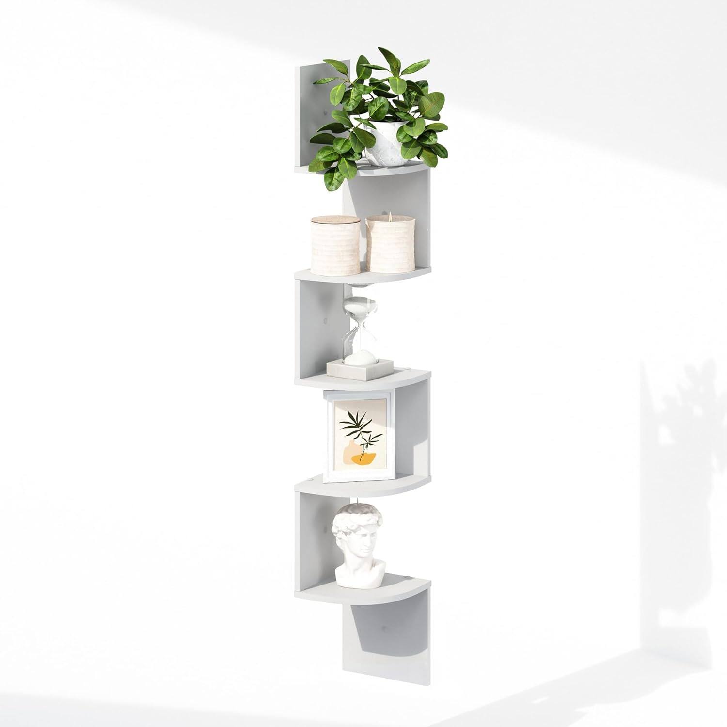 Front. Songmics Home - Furinno 5-Tier Floating Corner Shelf – Wall Mount Shelves for Storage and Display in White - White.