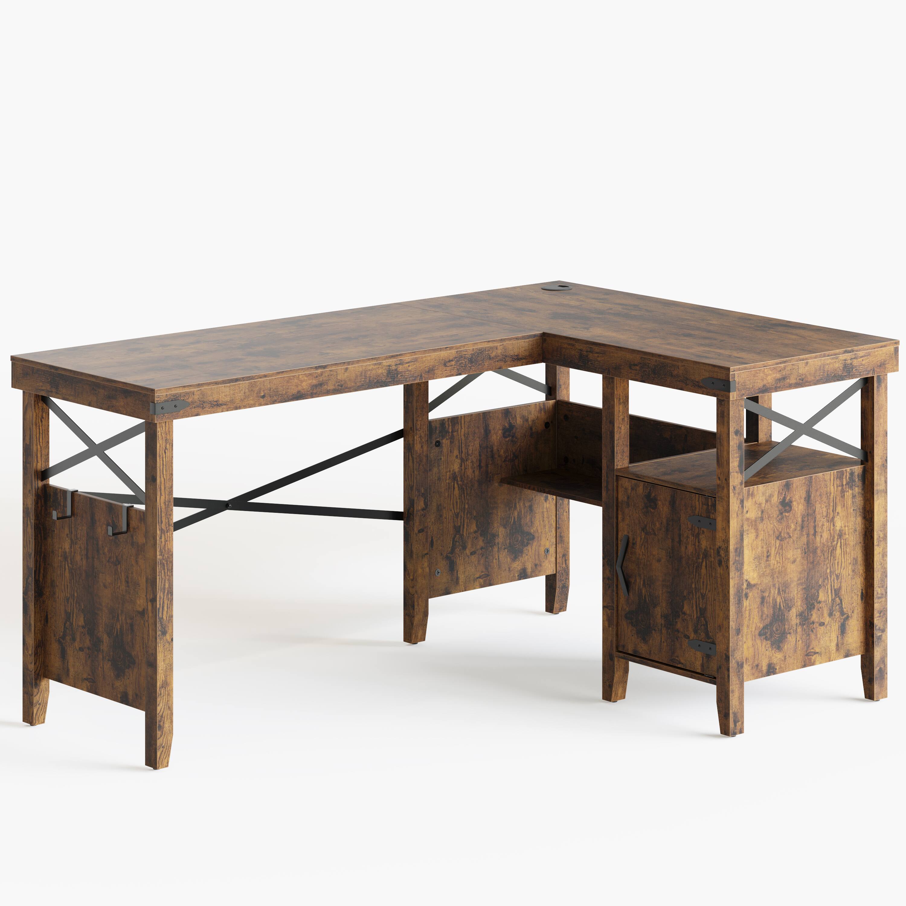 Alt View 11. Bestier - Farmhouse L-Shaped Computer Desk with Storage Cabinet and Bookshelf - 60" Wide - Brown.