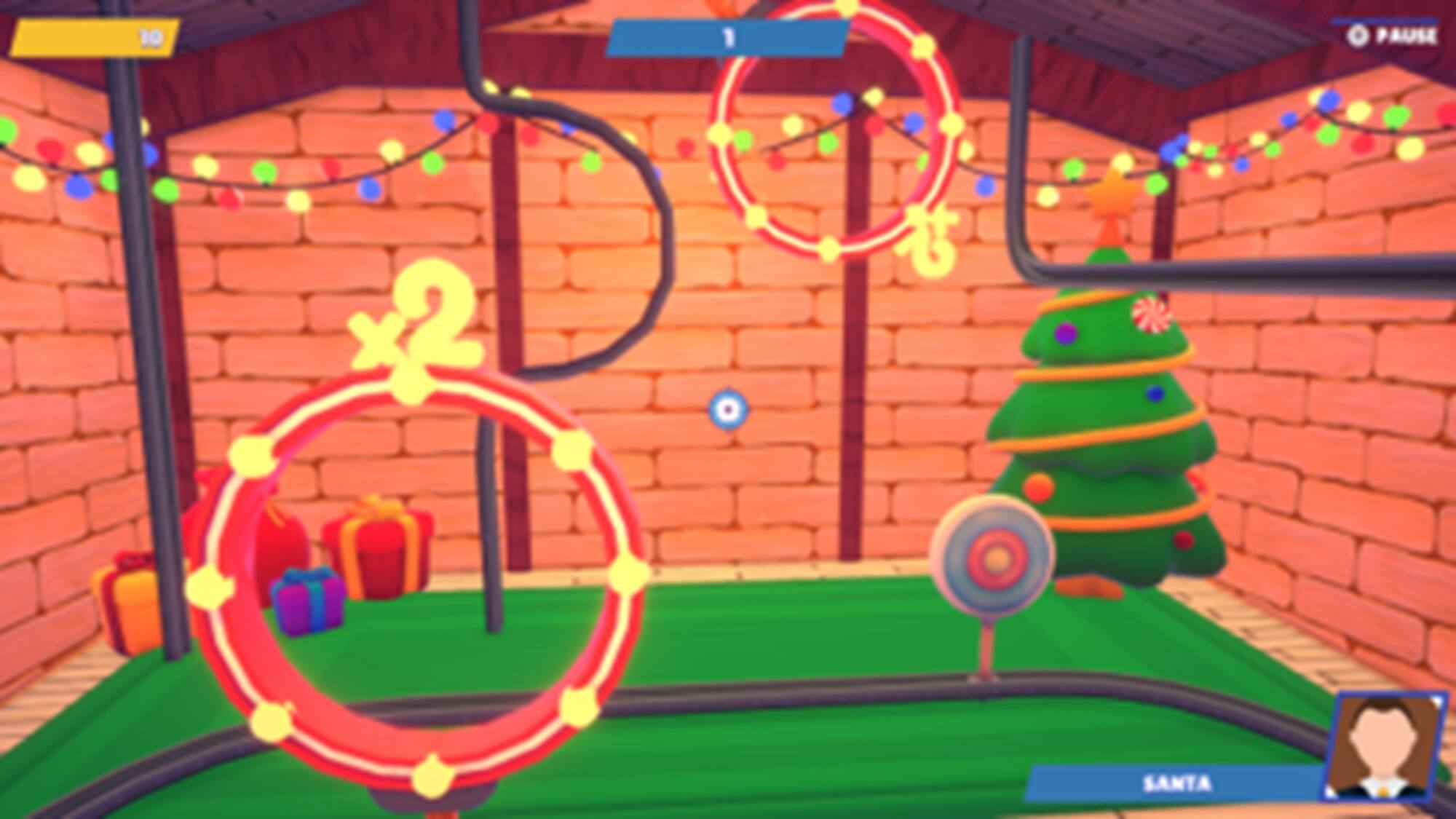 The text on the image reads "10 PAUSE 2 SANTA". This suggests that there are two Santa Claus figures in the scene, and the game might pause for 10 seconds.