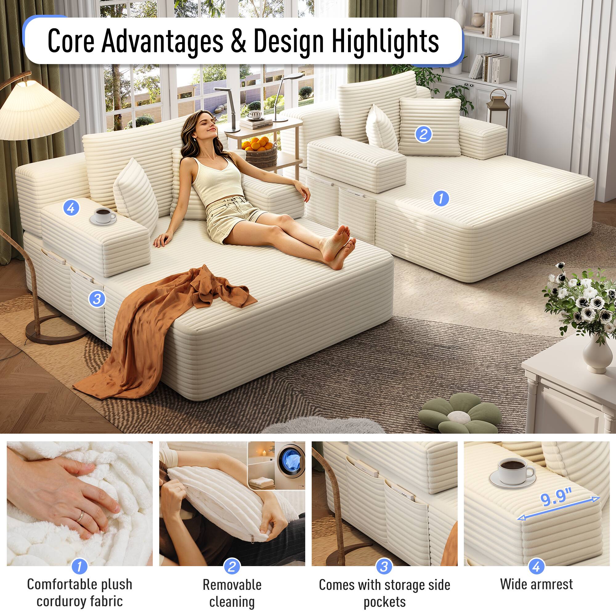 Core Advantages & Design Highlights

1. Comfortable plush corduroy fabric
2. Removable cleaning
3. Comes with storage side pockets
4. Wide armrest

9.9"