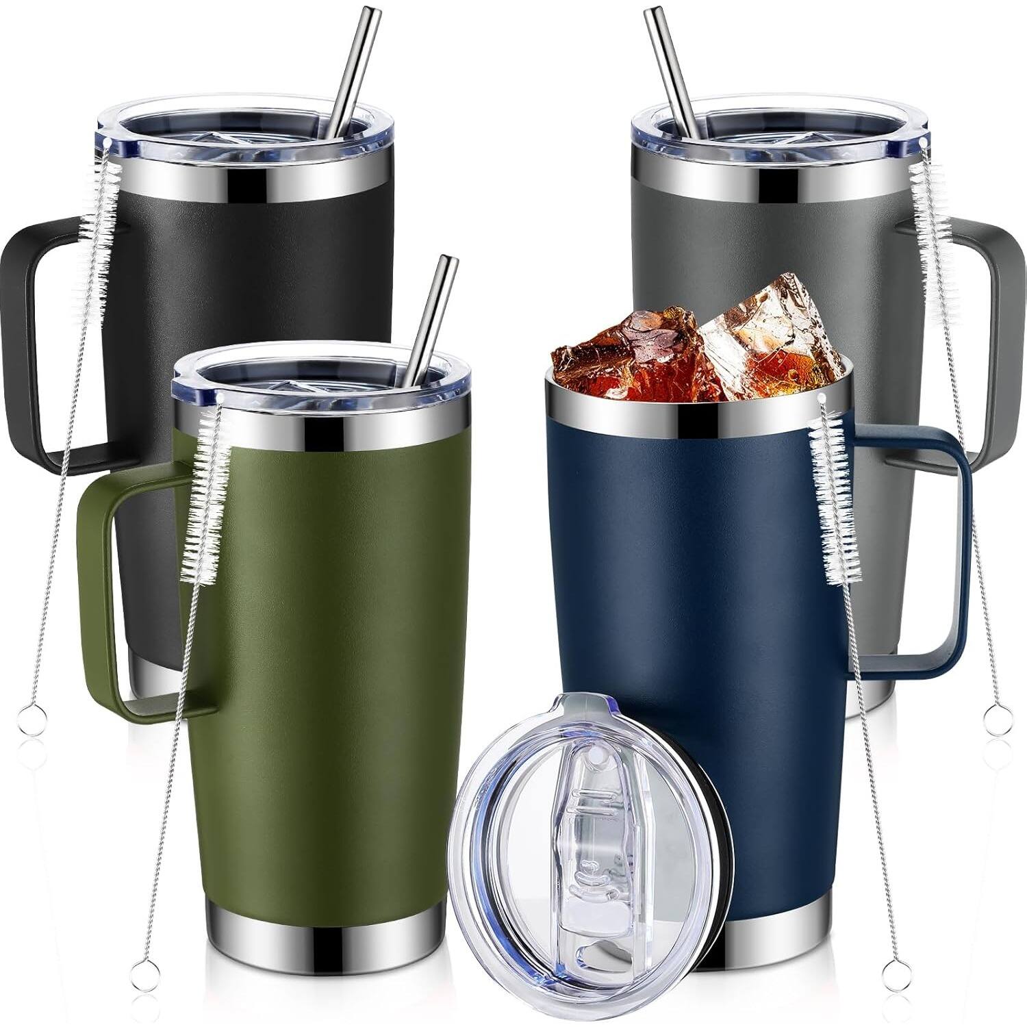 PARKER SLATER - 4-pack 20oz stainless steel coffee mugs with handles, lids, straws, and brushes, double wall insulated, mixed colors - Multicolor