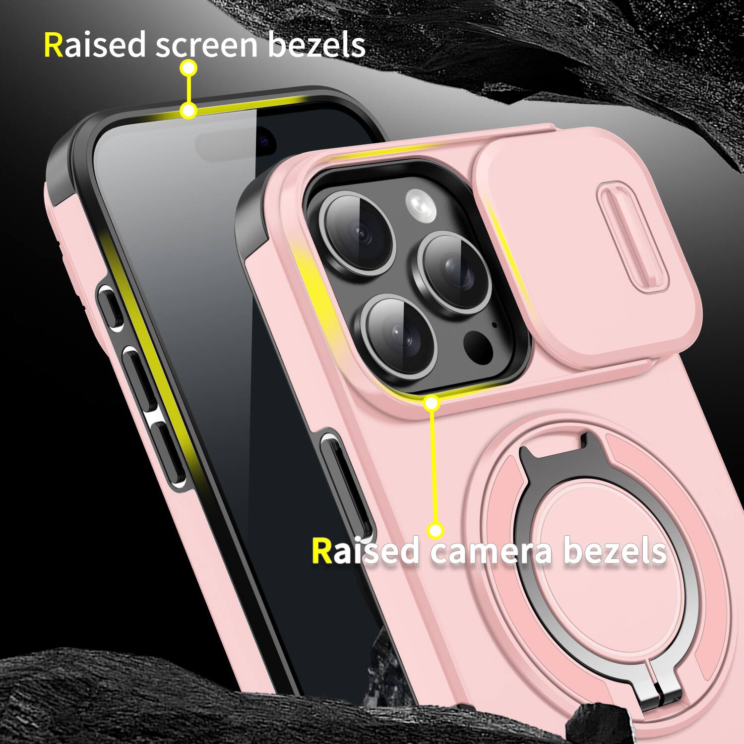 Raised screen bezels  
Raised camera bezels