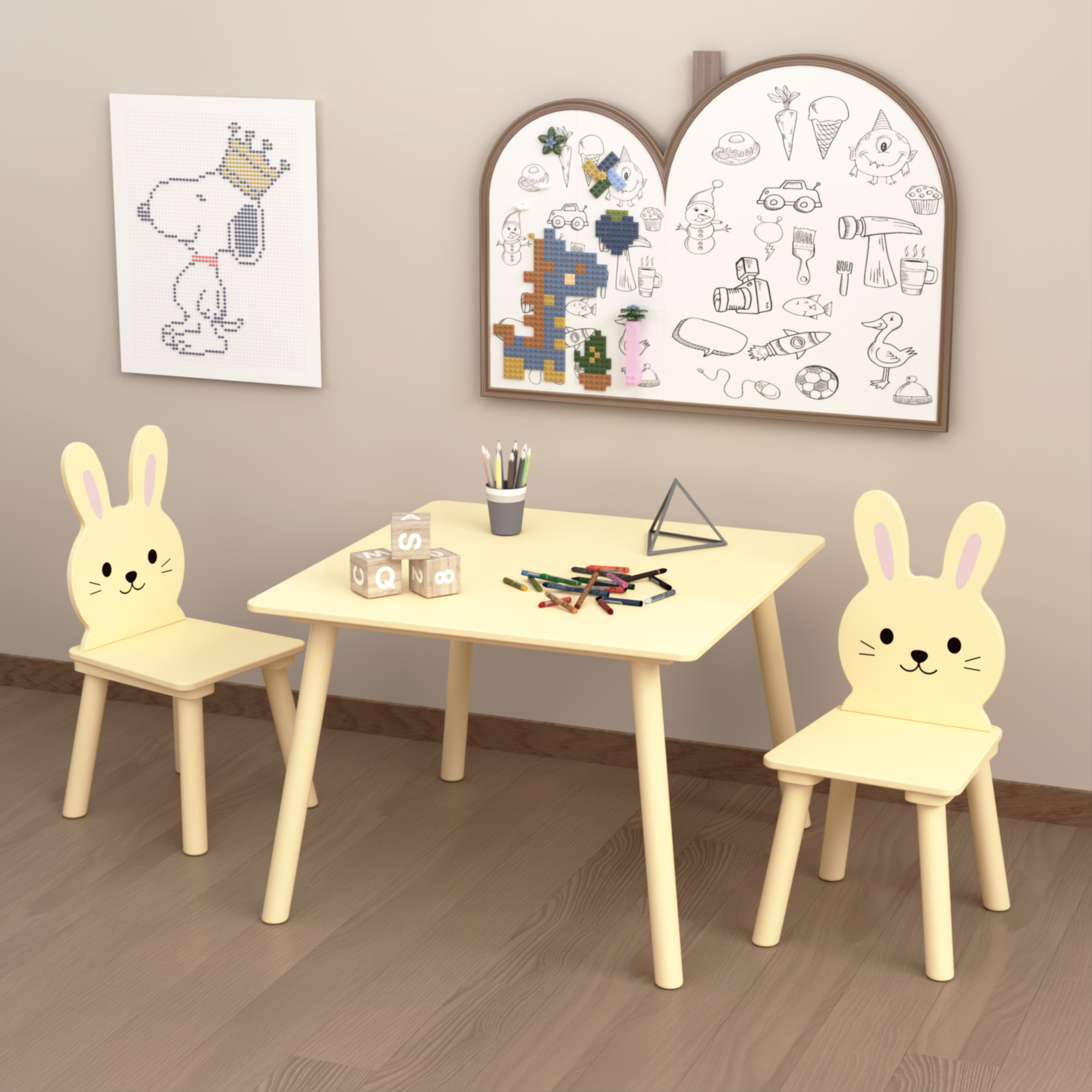 Left. Tiramisubest - Kids Table Set with 2 Bunny Chairs,Children's Wooden Activity Table for Toddlers,Cute Animal Design Study Play Set - Yellow.