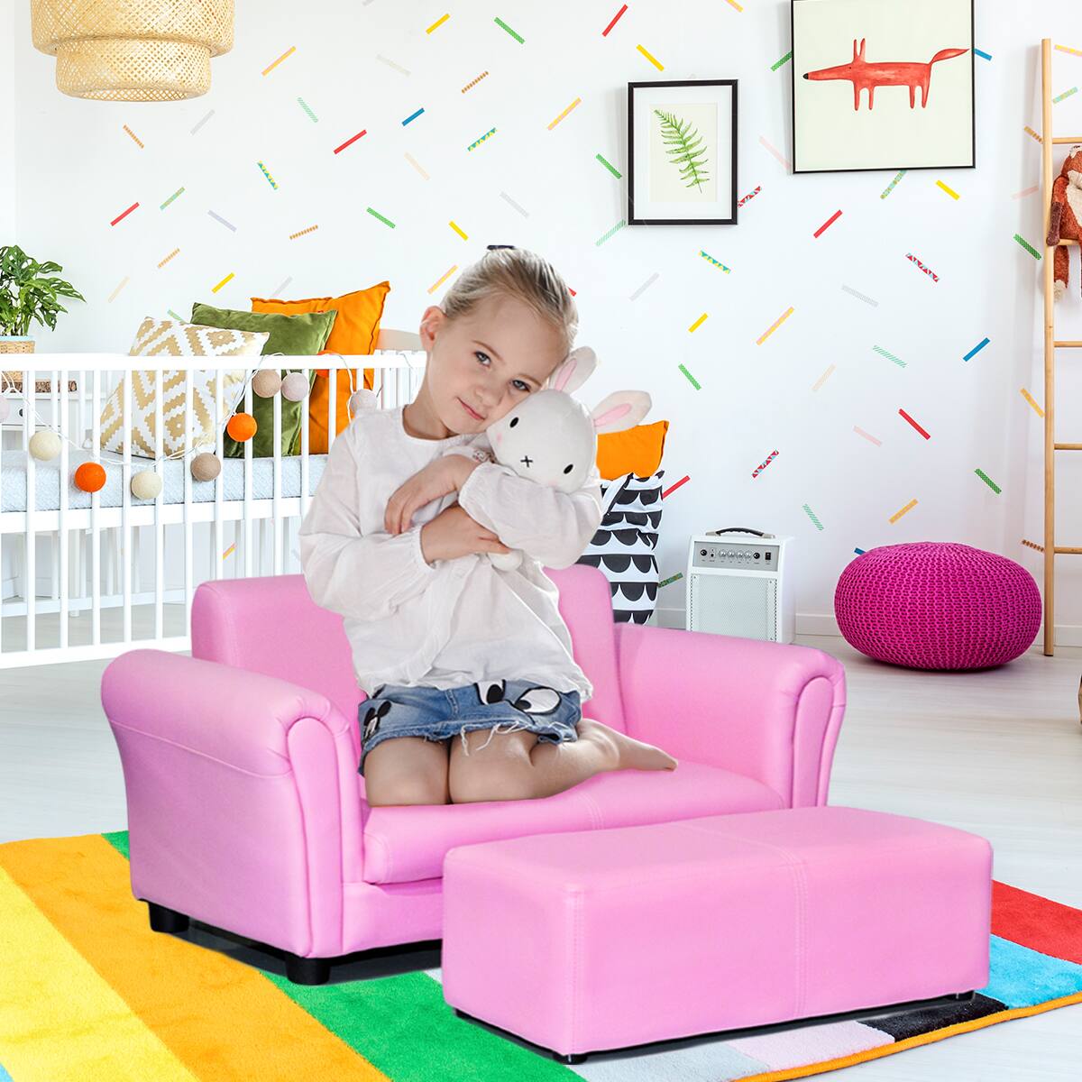 Alt View 4. Costway - Costway Pink Kids Sofa Armrest Chair Couch Lounge Children Birthday Gift w/ Ottoman - Pink.