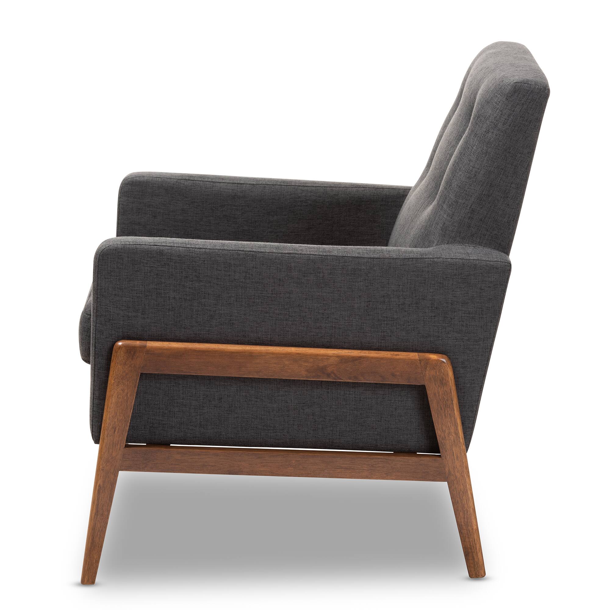 Left. Baxton Studio - Perris Mid-Century Modern Fabric Upholstered Walnut Wood Lounge Chair - Dark Grey.