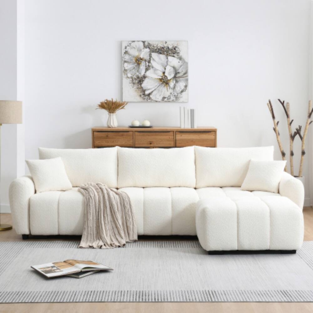 Alt View 2. LUCKY ONE - 110" L-Shape Modular Boucle Sectional Sofa w/ Extra-Large Seat Pull-Line Design Ottoman - Cream.