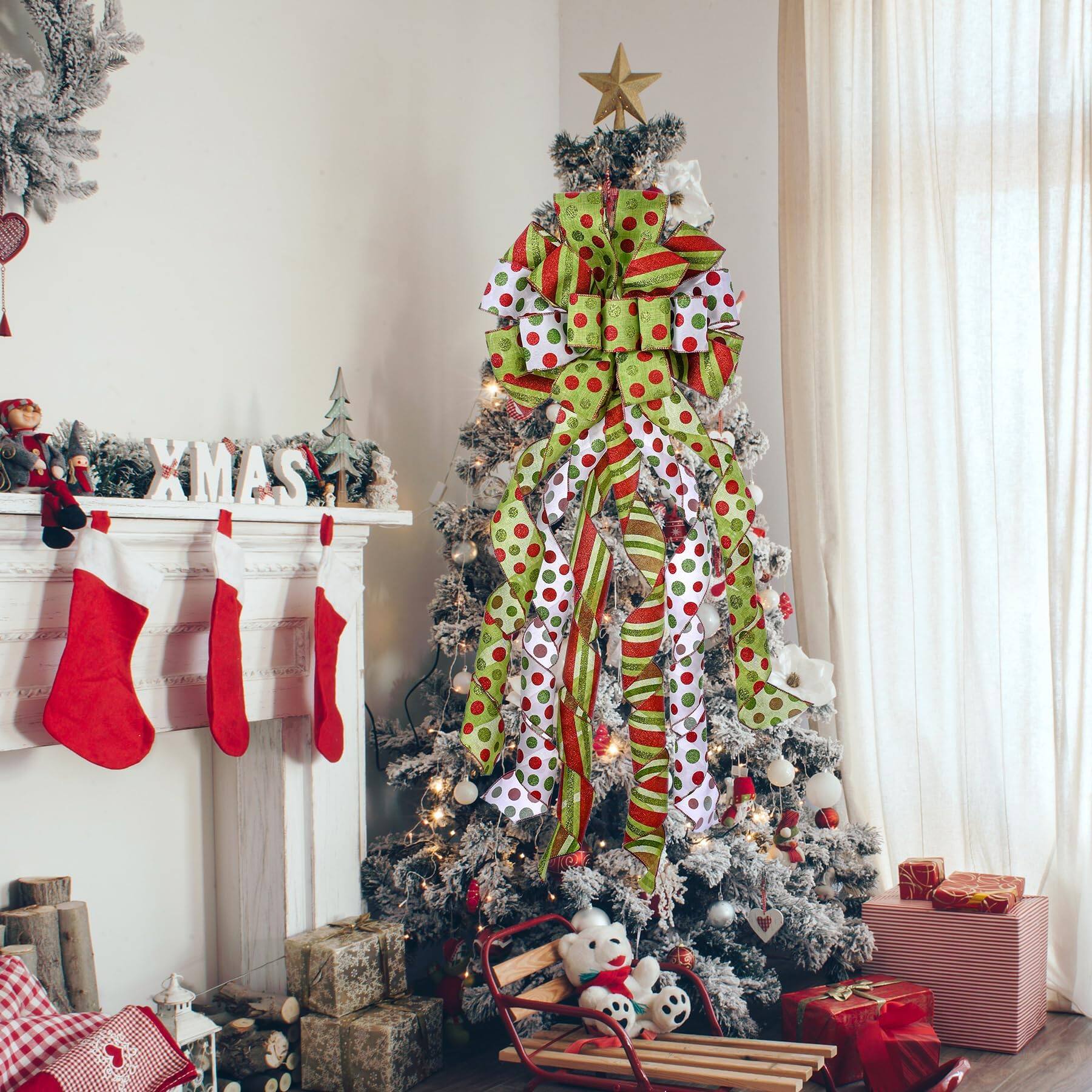 Alt View 4. PARKER SLATER - Christmas Tree Topper Wreath Bow Large Green Red Dot Polyester Gift Bows For Xmas Ornament Holiday Home - Lightgreen Dots & Strip.