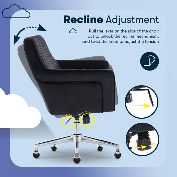 Recline Adjustment

Pull the lever on the side of the chair out to unlock the recline mechanism, and twist the knob to adjust the tension