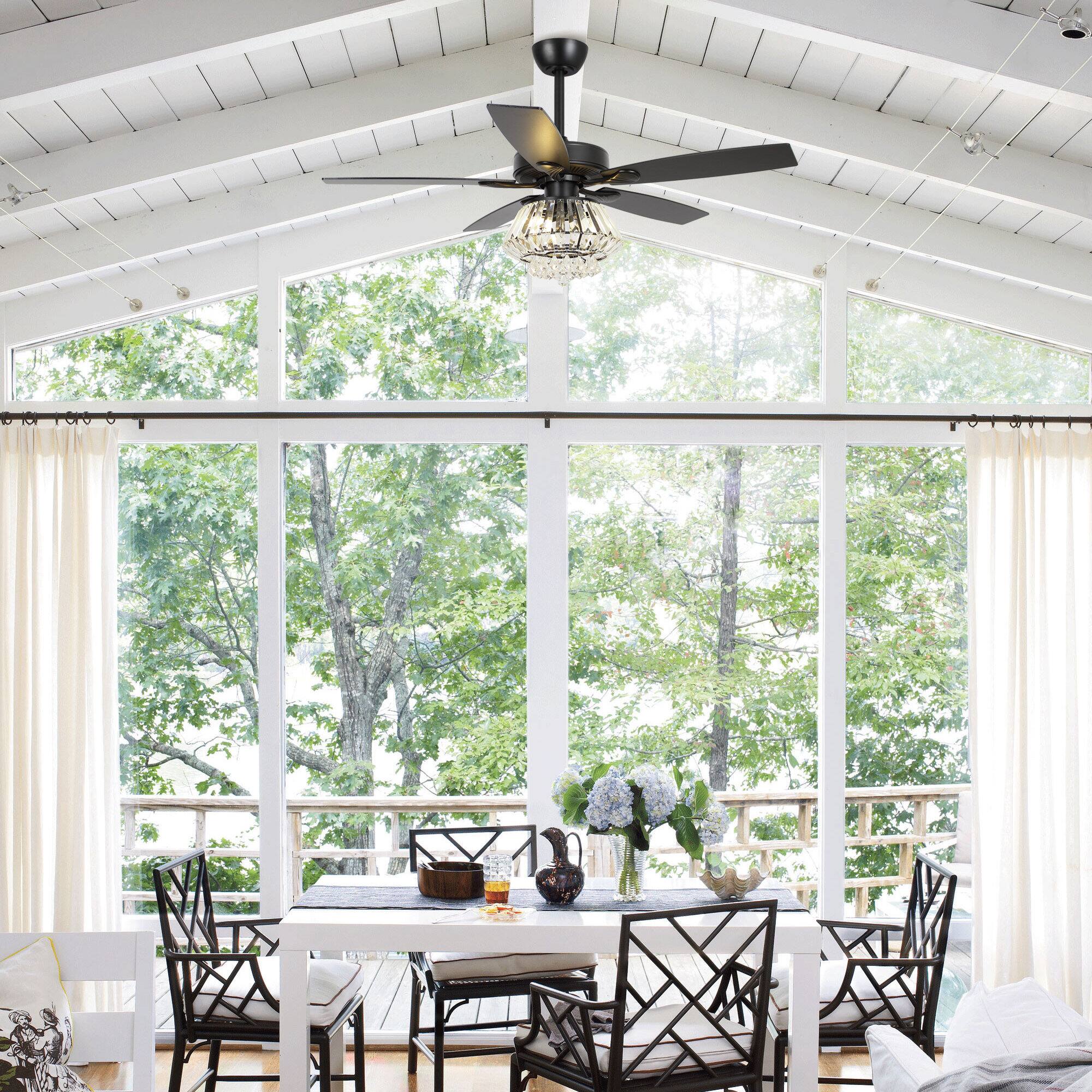 Left. Parrot Uncle - 52" Modern Black 5-Blade Crystal Ceiling Fan with Remote Control - Black.
