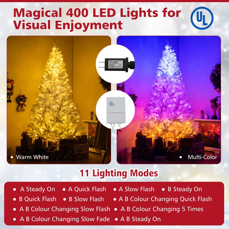 Magical 400 LED Lights for Visual Enjoyment

UL

Warm White
Multi-Color

11 Lighting Modes
- A Steady On
- A Quick Flash
- A Slow Flash
- B Steady On
- B Quick Flash
- B Slow Flash
- A B Colour Changing Quick Flash
- A B Colour Changing 5 Times
- A B Colour Changing Slow Flash
- A B Colour Changing Slow Fade
- A B Steady On