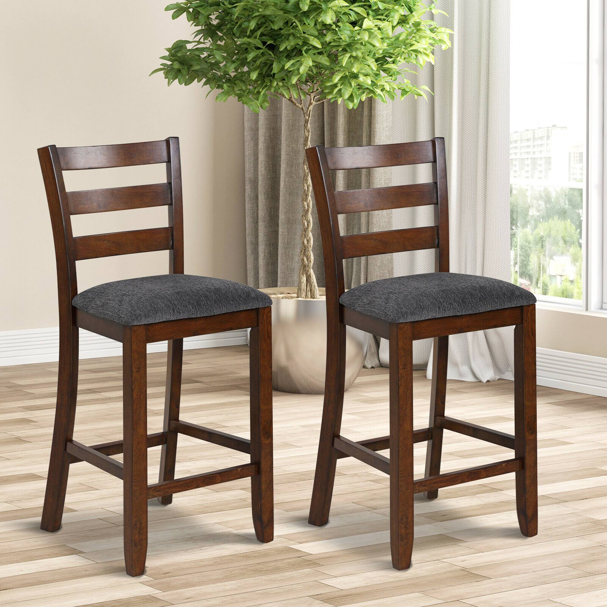 Alt View 1. Costway - Costway Set of 2 Barstools Counter Height Chairs w/Fabric Seat & Rubber Wood Legs - Grey,Brown.