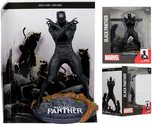 The image features a Black Panther figurine, which is part of a Marvel-inspired collection. The figurine is displayed in a box, and it is accompanied by a booklet. The Black Panther character is a warrior and a member of the Avengers. The figurine is designed to resemble the character from the Marvel comics and movies. The box and booklet are likely to provide information about the character, its history, and its role in the Marvel universe.