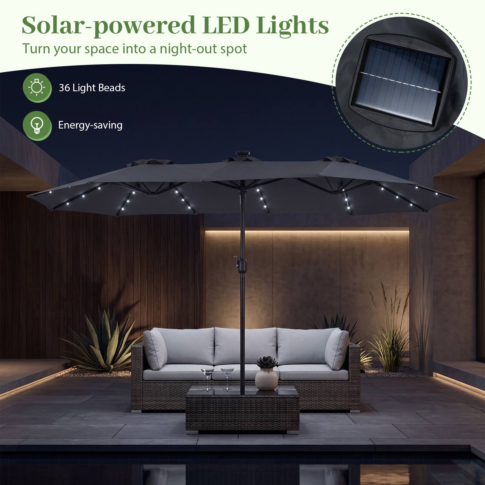 Solar-powered LED Lights  
Turn your space into a night-out spot  

- 36 Light Beads  
- Energy-saving