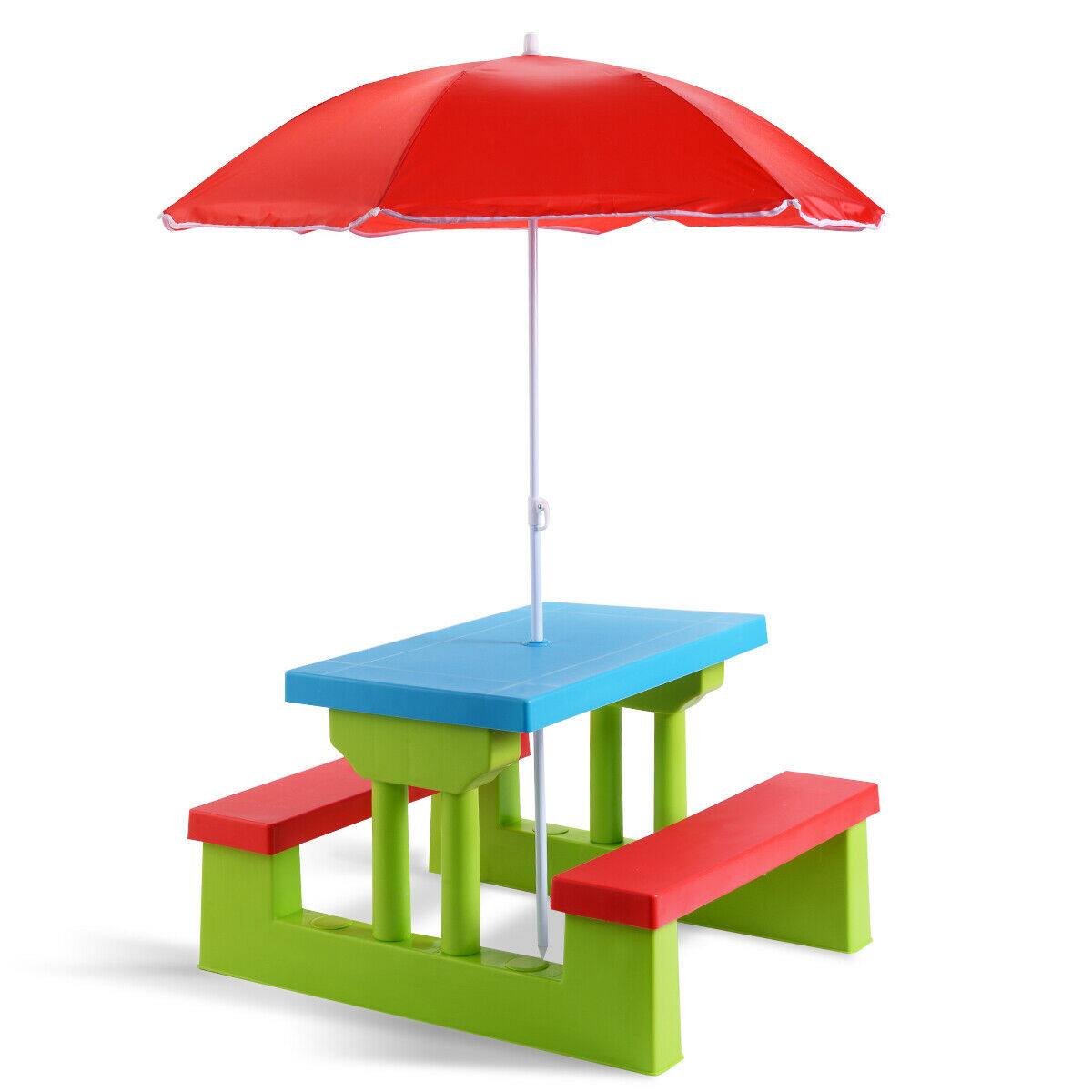 Costway - 4 Seat Kids Picnic Table with Umbrella Garden Children Bench Outdoor PP - Green,Red,Blue