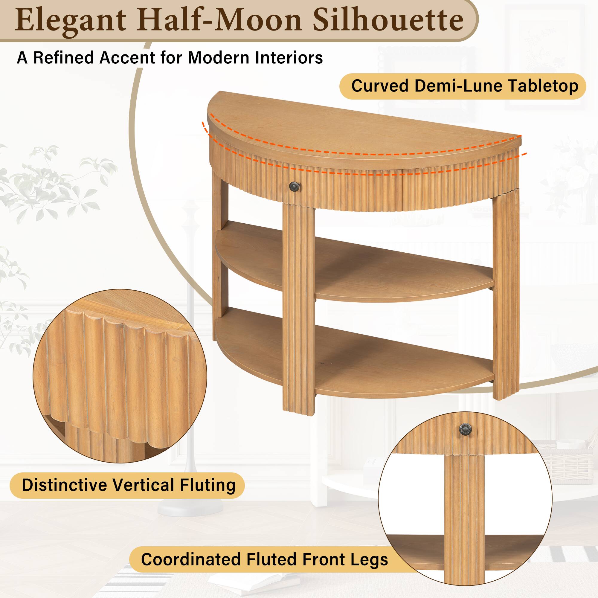 Elegant Half-Moon Silhouette  
A Refined Accent for Modern Interiors  

Curved Demi-Lune Tabletop  
Distinctive Vertical Fluting  
Coordinated Fluted Front Legs