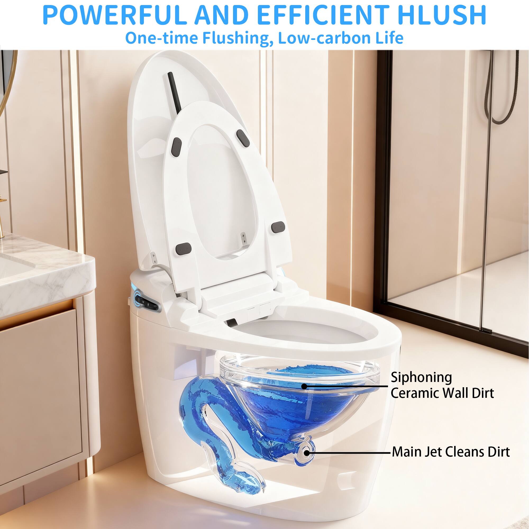 POWERFUL AND EFFICIENT FLUSH  
One-time Flushing, Low-carbon Life  

Siphoning Ceramic Wall Dirt  
Main Jet Cleans Dirt