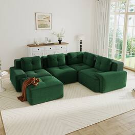 Anysun - V-Shape Corduroy Modular Sectional Sofa - 4-Seat Deep-Seat Couch with Ottoman, Pearl Piping, Tufted, No Assembly - Green