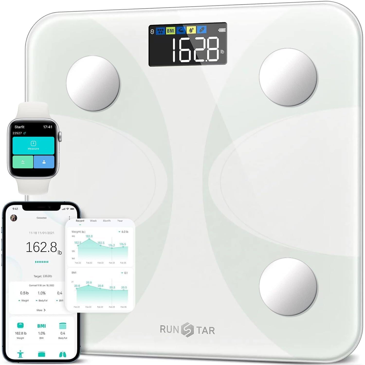 BMI 162.8 lb

Starfit
17:41
22527

Measure

Connected

Recent
Week
Month
Year

11:18 11/01/2021 Weight (lb) 182.8 182.5 162.8% = so ........ Fel-20 1:00
182.5 176.2 non 11
6.0lb 176.5 & Total
Target 135.0lb
SM
0.1
Contain 24 2022 0.5lb 1.0% 0.4
7 20.6
20.8
20.6
20.5
20.5

Weight
BodyFat
500
More
hell
------
22
hom
26

162.8lb Weight
BMI 1.0% EMI
0.4 BodyFat

RUN
TAR
