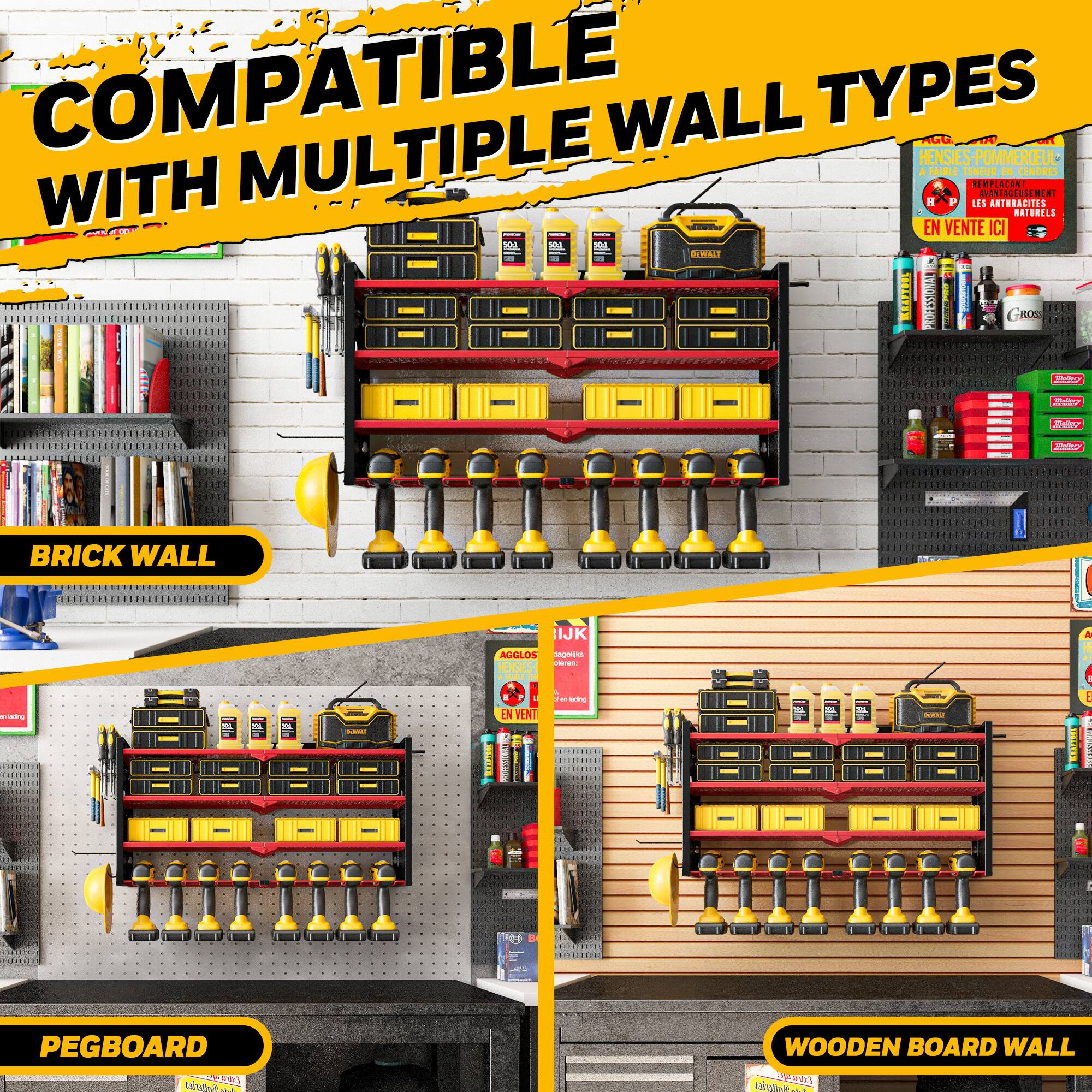 COMPATIBLE WITH MULTIPLE WALL TYPES

- BRICK WALL
- PEGBOARD
- WOODEN BOARD WALL