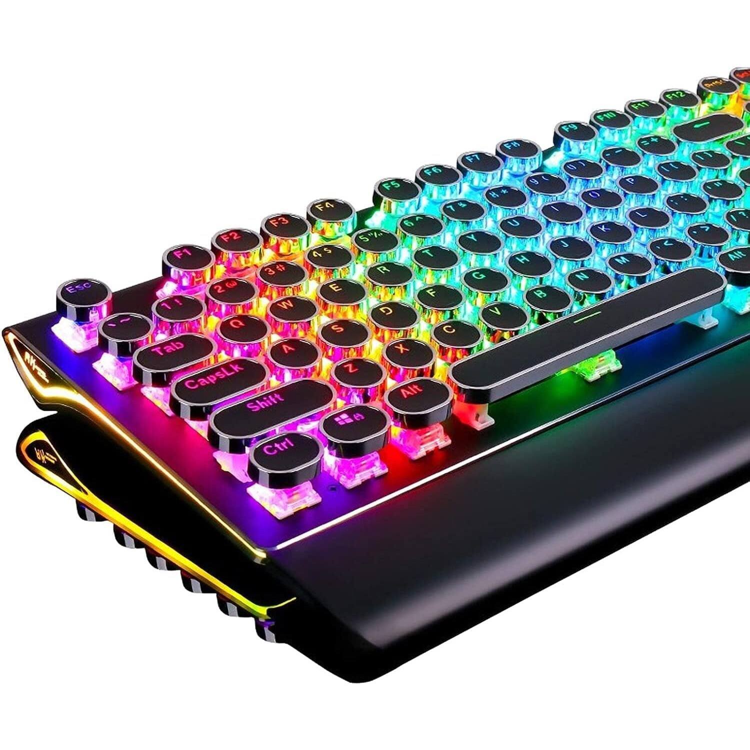 PARKER SLATER - Retro mechanical gaming keyboard with 108 keys, RGB backlit sidelight, wrist rest, round keycaps, and blue switches - Black