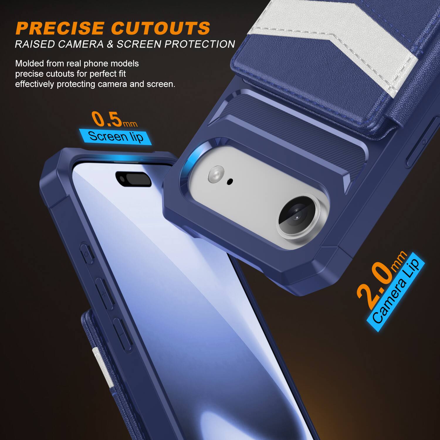 PRECISE CUTOUTS  
RAISED CAMERA & SCREEN PROTECTION  

Molded from real phone models, precise cutouts for perfect fit, effectively protecting camera and screen.  

0.5mm Screen Lip  
2.0mm Camera Lip