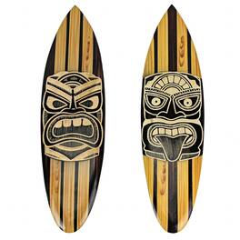 Zeckos - Set Of 2 Hand Crafted Wooden Tiki Mask Surfboard Decorative Wall Hangings 20" - Multicolored
