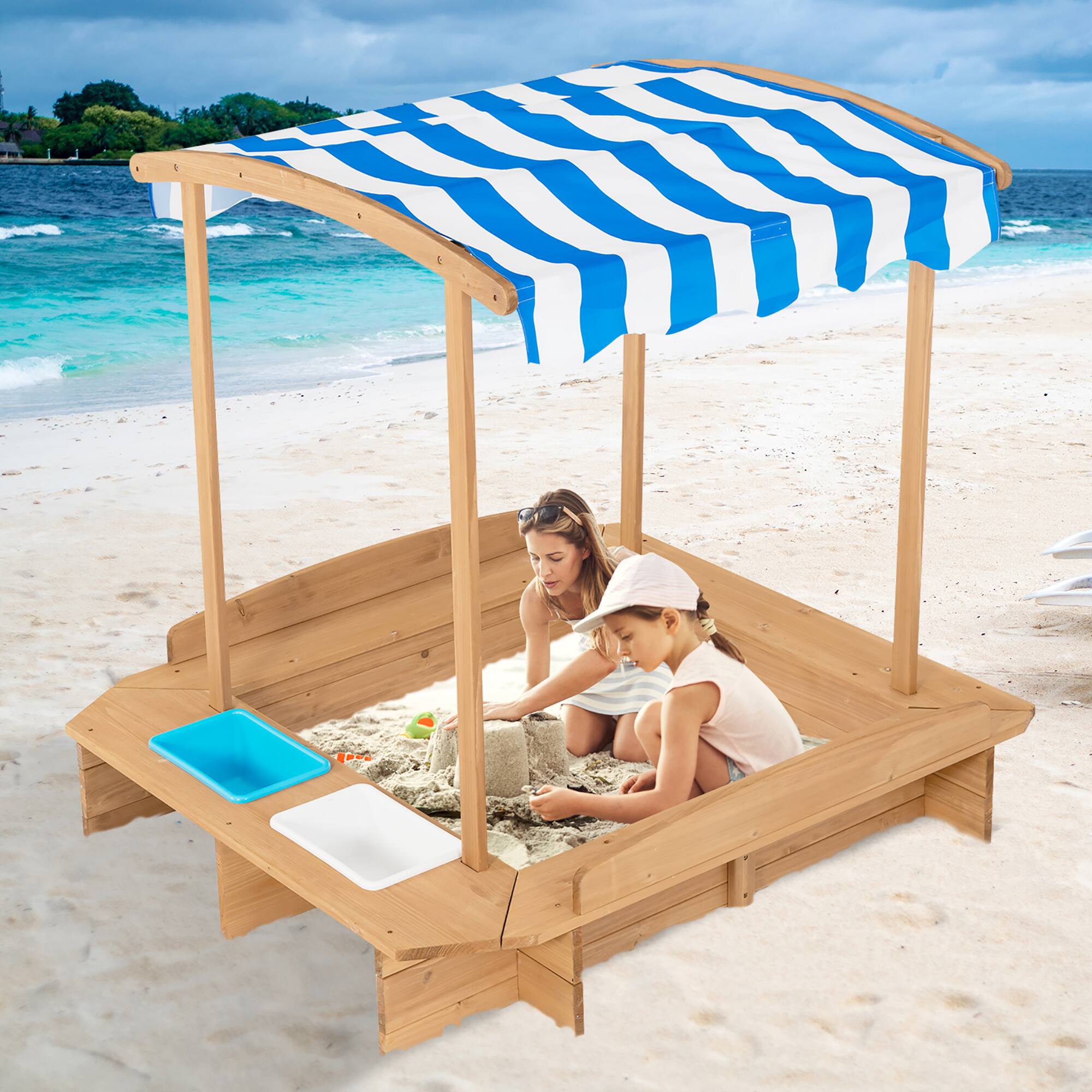 Alt View 3. Costway - Costway Kids Large Wooden Sandbox w/ 2 Bench Seats Outdoor Play for Children - Natural.
