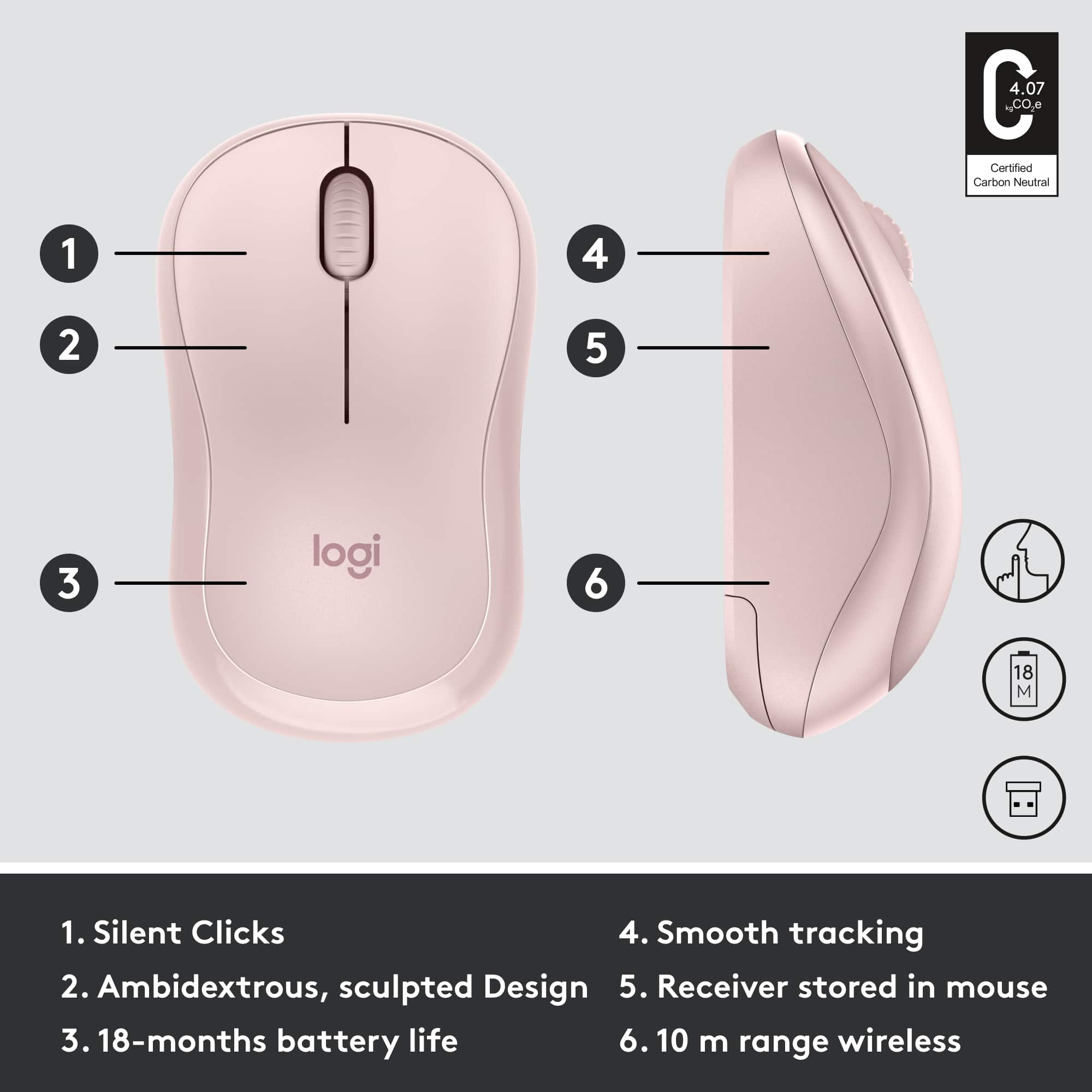 1. Silent Clicks
2. Smooth Tracking
3. Ambidextrous, sculpted Design
4. Receiver stored in mouse
5. 18-months battery life
6. 10 m range wireless