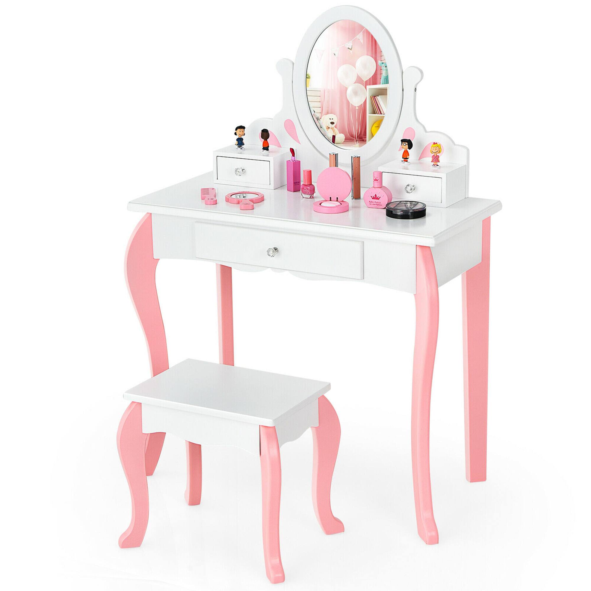 Front. Gymax - Gymax Kids Vanity Princess Makeup Dressing Table Stool Set W/ Mirror Drawer White - White.