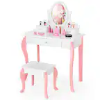 Front. Gymax - Gymax Kids Vanity Princess Makeup Dressing Table Stool Set W/ Mirror Drawer White - White.