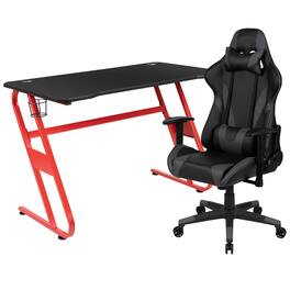 Emma + Oliver - Desk Bundle-Gaming Desk, Cup Holder, Headphone Hook and Reclining Chair - Gray