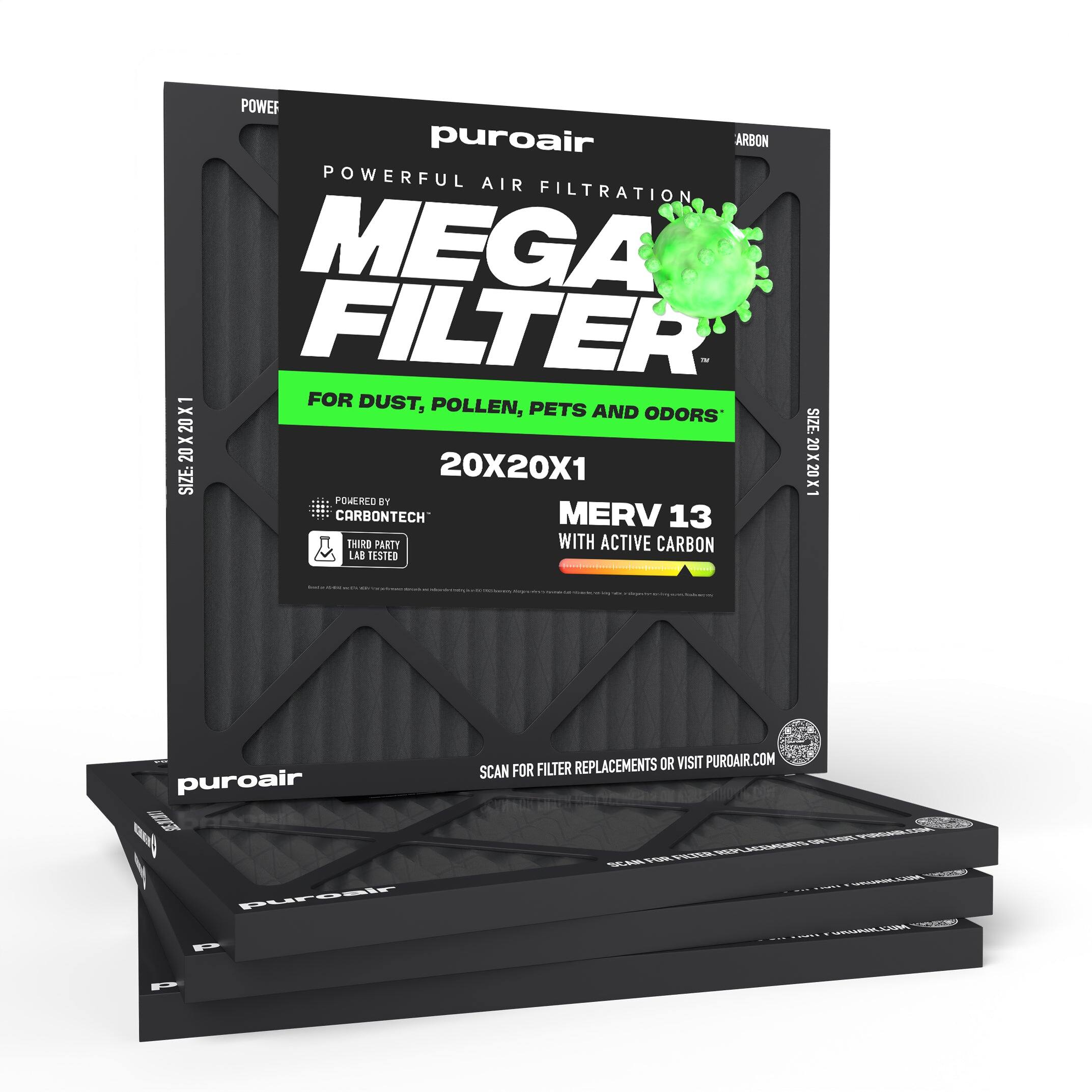 POWER puroair ARBON POWERFUL AIR FILTRATION MEGA FILTER™ X FOR DUST, POLLEN, PETS AND ODORS' 20 X SIZE: 20 20 20X20X1 x SIZE: 20 POWERED X1 1 BY CARBONTECH MERV 13 THIRD PARTY WITH ACTIVE CARBON LAB TESTED

puroair SE DIBIT puroair P FILTER REPLACEMENTS OR VISIT PUROAIR.COM SCAN FOR PURDAIR COM OR VISIT REP LACEMENTS FOR FILTER SCAN CHINK.COM DRUANCLUM