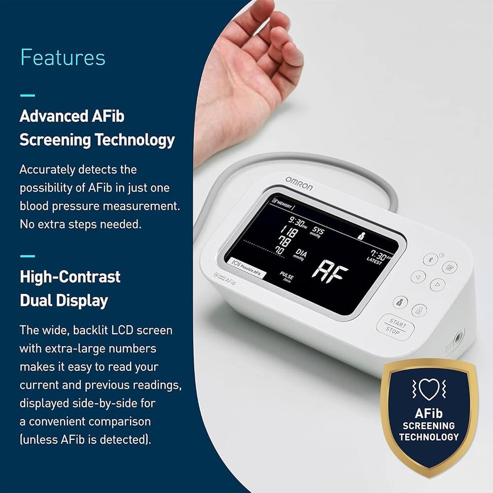 Features

- Advanced AFib Screening Technology  
  Accurately detects the possibility of AFib in just one blood pressure measurement. No extra steps needed.

- High-Contrast Dual Display  
  The wide, backlit LCD screen with extra-large numbers makes it easy to read your current and previous readings, displayed side-by-side for a convenient comparison (unless AFib is detected).

PC Poscala ara 62 AFb OMRoN HEMORY I 9:30m 18 mmily SYS 78 0 DIA  moily LATEST 7:30 PULSE AF 4 D COE START STOP AFib SCREENING TECHNOLOGY