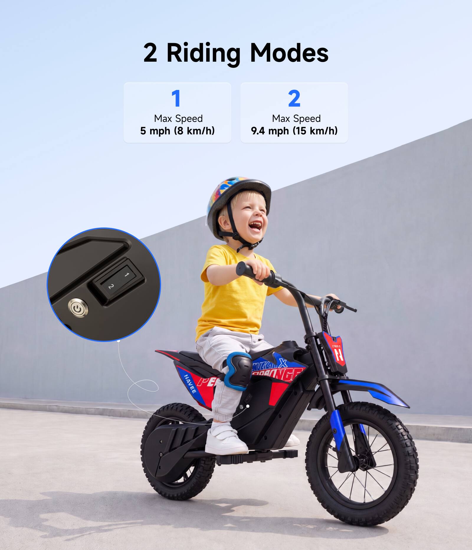 2 Riding Modes

1. Max Speed 5 mph (8 km/h)
2. Max Speed 9.4 mph (15 km/h)