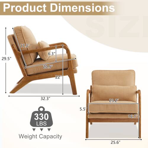 Product Dimensions

- Length: 32.3"
- Width: 29.5"
- Height: 25.6"
- Seat Height: 17.3"
- Seat Depth: 20.5"
- Arm Height: 22"
- Arm Width: 6.3"
- Back Height: 23.2"
- Back Width: 25.6"

Weight Capacity: 330 LBS
